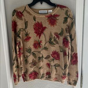 Alfred Dunner Women's Floral Sweater - Red and Tan, size P/L, embellished,